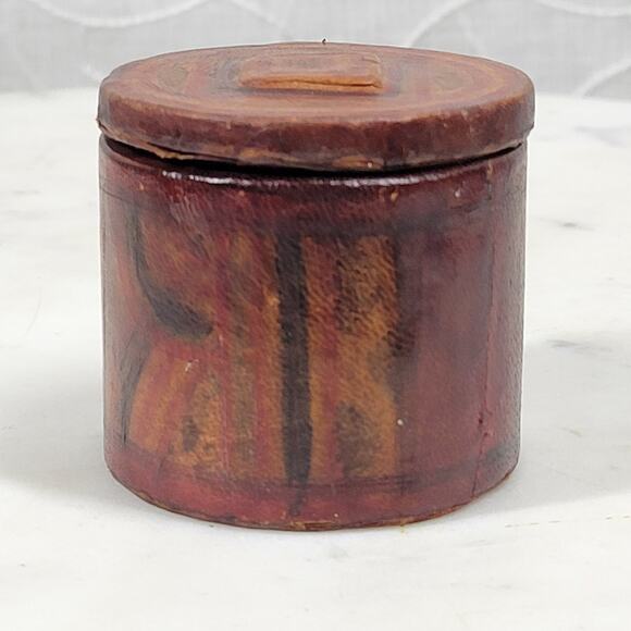VTG Leather Box Lid 1.75" Brown Red Tooled Cylynder Storage Jar Travel - Picture 11 of 15